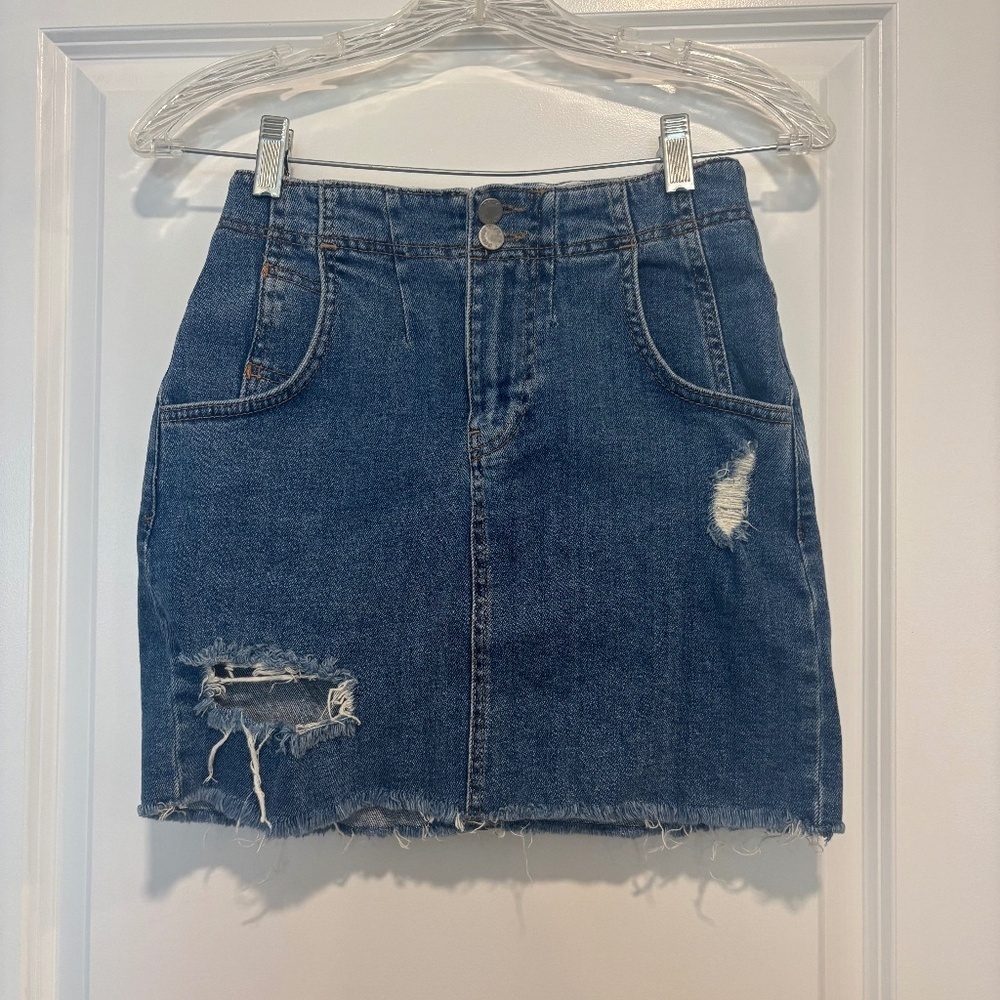 Free People Distressed Mini Denim Skirt